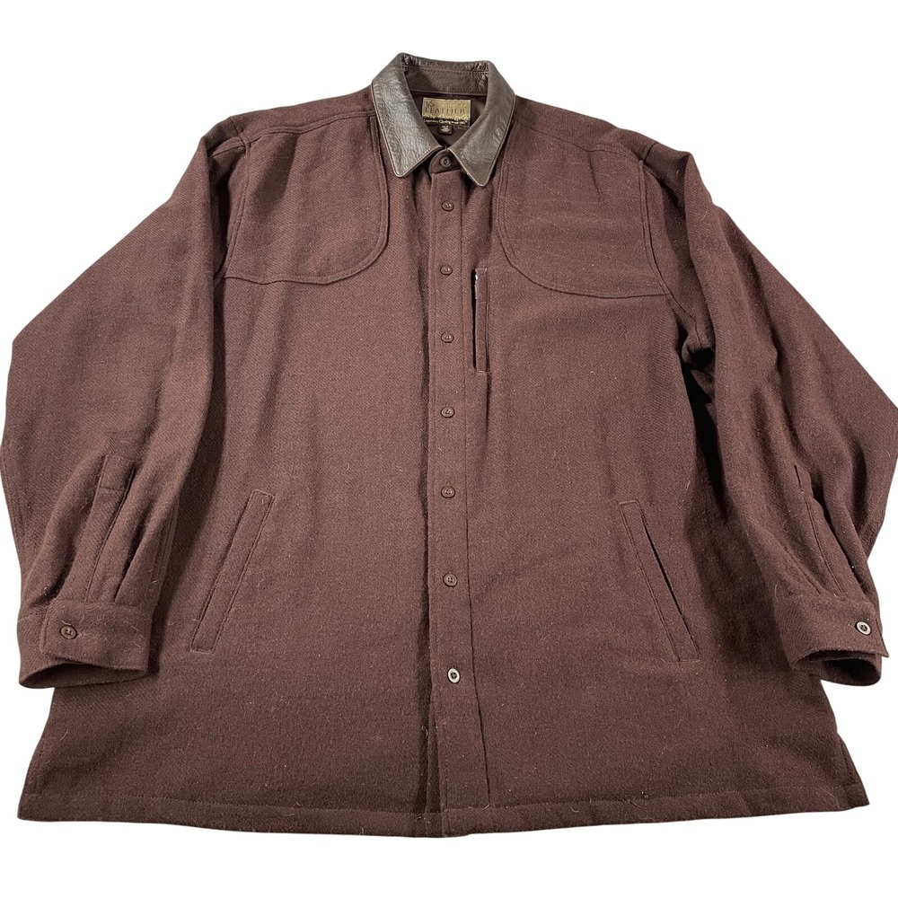 Cabelas Outdoor Wool Shacket Leather Collar Shirt Jacket Mens XLT‎ Tall Hunting